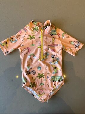 Peach Surf Print Short-Sleeve One-Piece Swimsuit for Kids